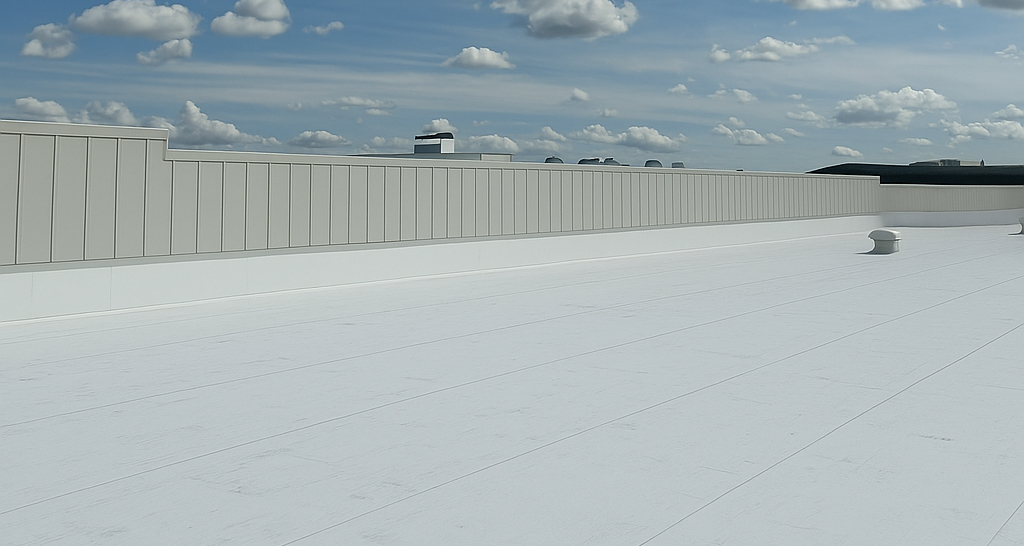 White PVC commercial roof membrane installation